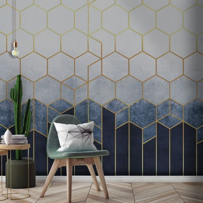 Μπλε φόντο με χρυσά σχέδια, Line Art, Ταπετσαρίες Τοίχου, 100 x 159 εκ.